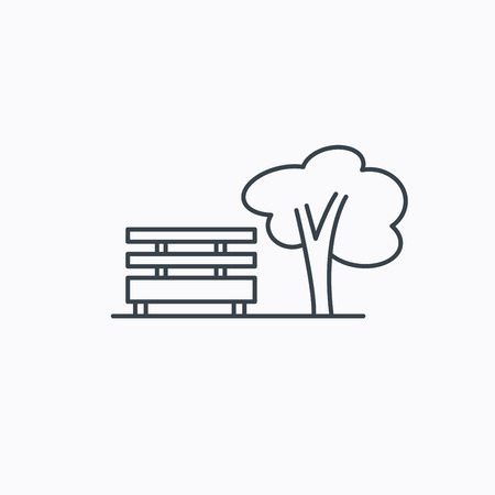 Public park icon. Tree with bench sign. Linear outline icon on white background. Vectorのイラスト素材