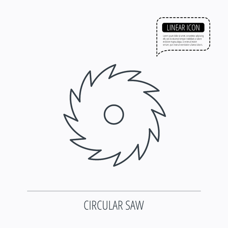 Circular saw icon. Cutting disk sign. Woodworking sawblade symbol. Linear outline icon. Speech bubble of dotted line. Vectorのイラスト素材