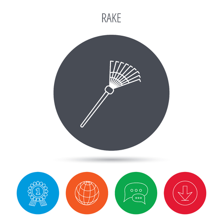 Rake icon. Gardening equipment sign. Outdoor instrument symbol. Globe, download and speech bubble buttons. Winner award symbol. Vectorのイラスト素材