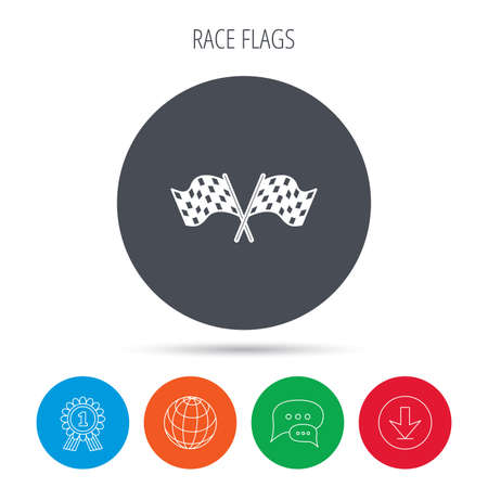 Crosswise racing flags icon. Finishing symbol. Globe, download and speech bubble buttons. Winner award symbol. Vectorのイラスト素材