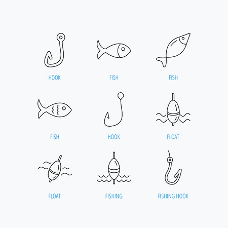 Fishing hook and float icons. Fish, waves linear signs. Linear set icons on white background.のイラスト素材
