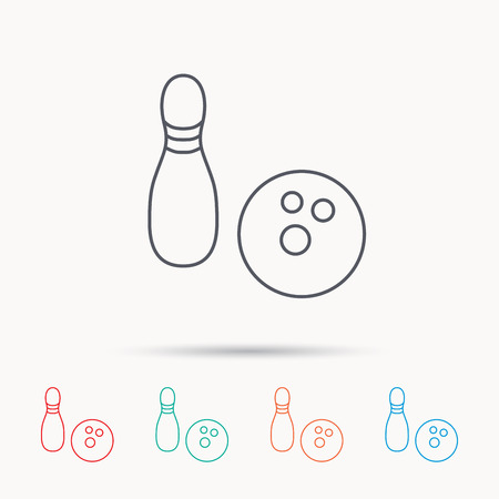 Bowling icon. Skittle or pin with ball sign. Competition sport symbol. Linear icons on white background.のイラスト素材