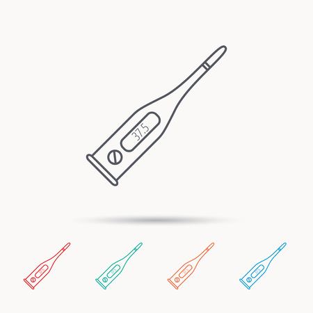 Electronic thermometer icon. Measurement tool sign. Temperature control symbol. Linear icons on white background.のイラスト素材