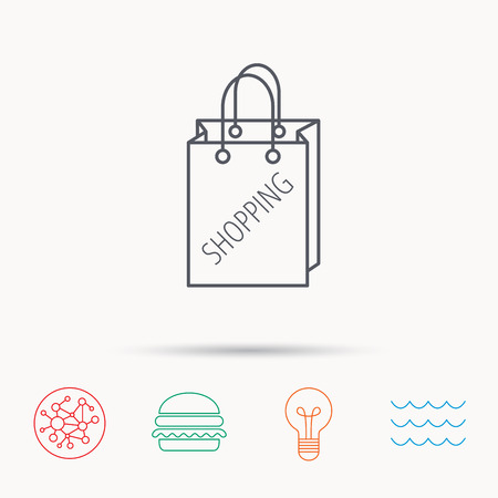 Shopping bag icon. Sale handbag sign. Global connect network, ocean wave and burger icons. Lightbulb lamp symbol.のイラスト素材