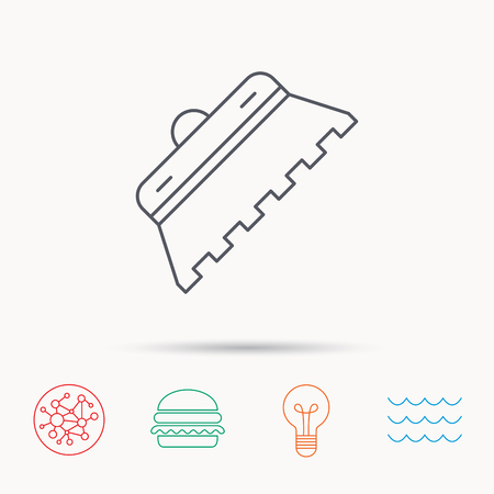 Trowel for tile icon. Spatula repair tool sign. Global connect network, ocean wave and burger icons. Lightbulb lamp symbol.のイラスト素材