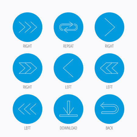 Arrows icons. Download, repeat linear signs. Next, back arrows flat line icons. Blue circle buttons set. Linear icons.のイラスト素材