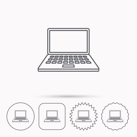 Notebook icon. Mobile laptop sign. Linear circle, square and star buttons with icons.のイラスト素材