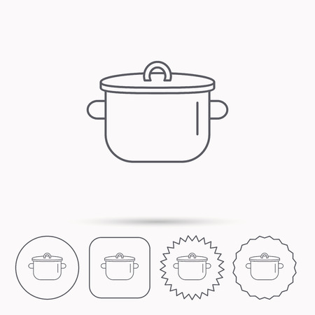 Pan icon. Cooking pot sign. Kitchen tool symbol. Linear circle, square and star buttons with icons.のイラスト素材