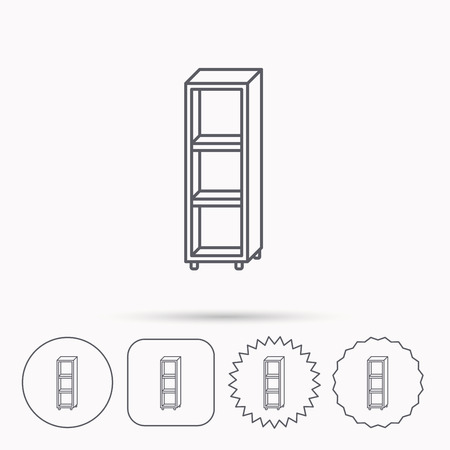 Empty shelves icon. Shelving sign. Linear circle, square and star buttons with icons.のイラスト素材