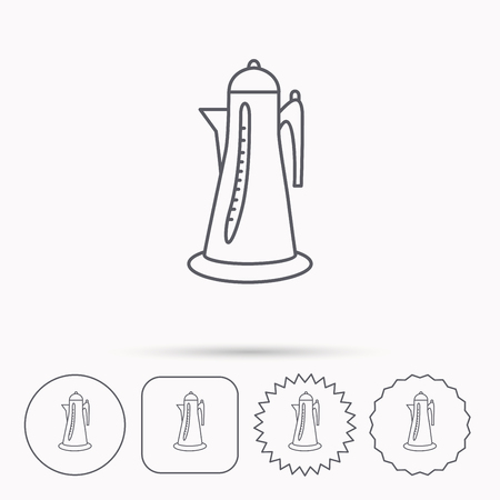 Teapot icon. Kitchen kettle sign. Hot drink appliance tool. Linear circle, square and star buttons with icons.のイラスト素材