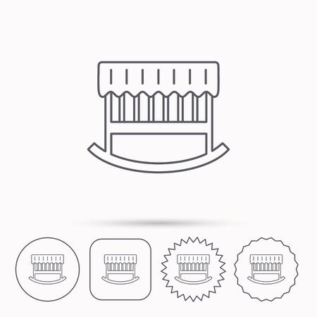 Baby cradle bed icon. Child crib sign. Newborn sleeping cot symbol. Linear circle, square and star buttons with icons.のイラスト素材