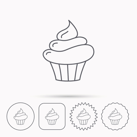 Cupcake icon. Dessert cake sign. Delicious bakery food symbol. Linear circle, square and star buttons with icons.のイラスト素材