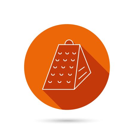 Grater icon. Kitchen tool sign. Kitchenware slicer symbol. Round orange web button with shadow.のイラスト素材