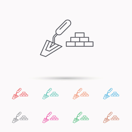 Finishing icon. Spatula with bricks sign. Linear icons on white background.のイラスト素材