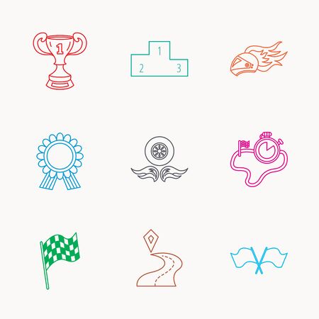 Winner cup and podium, award medal icons. Race flag, motorcycle helmet and timer linear signs. Destination pointer flat line icons. Linear colored icons.のイラスト素材