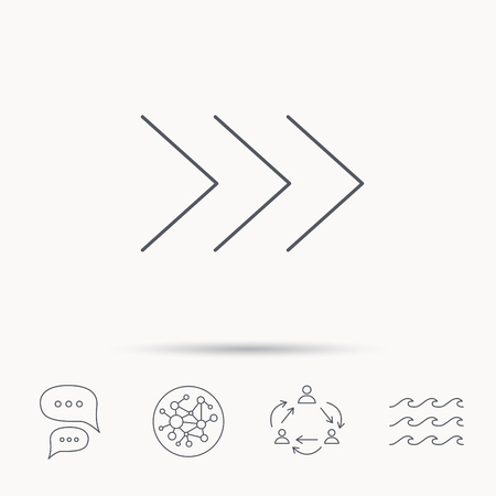 Right arrow icon. Next sign. Forward direction symbol. Global connect network, ocean wave and chat dialog icons. Teamwork symbol.のイラスト素材
