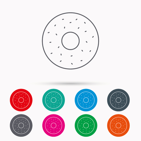 Donut icon. Sweet doughnuts sign. Breakfast dessert symbol. Linear icons in circles on white background.のイラスト素材