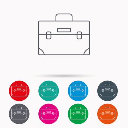 Briefcase icon. Businessman case or diplomat sign. Hand baggage symbol. Linear icons in circles on white background.のイラスト素材