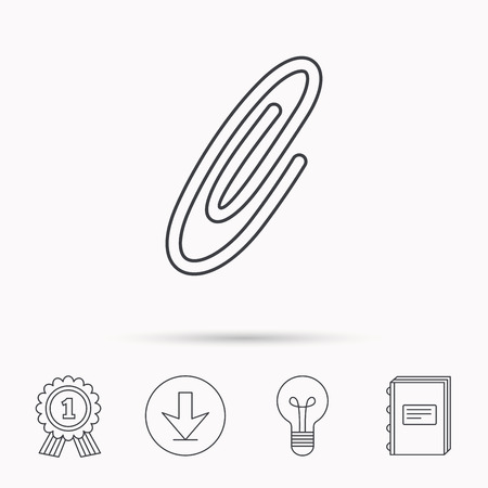 Safety pin icon. Paperclip sign. Download arrow, lamp, learn book and award medal icons.のイラスト素材