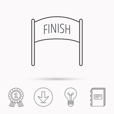 Finish banner icon. Marathon checkpoint sign. Download arrow, lamp, learn book and award medal icons.のイラスト素材