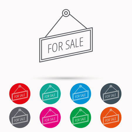 For sale icon. Advertising banner tag sign. Linear icons in circles on white background.のイラスト素材