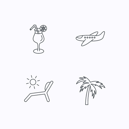 Airplane, deck chair and cocktail icons. Palm tree linear sign. Flat linear icons on white background. Vectorのイラスト素材