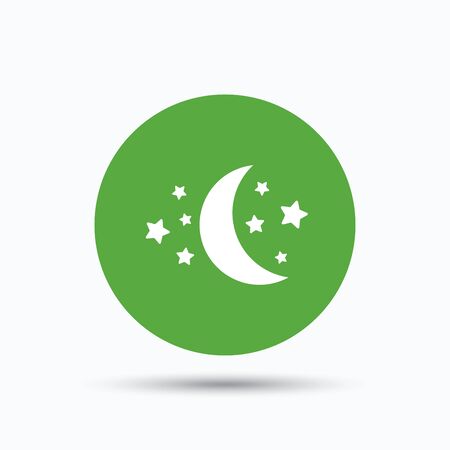 Moon and stars icon. Night sleep symbol. Flat web button with icon on white background. Green round pressbutton with shadow. Vectorのイラスト素材