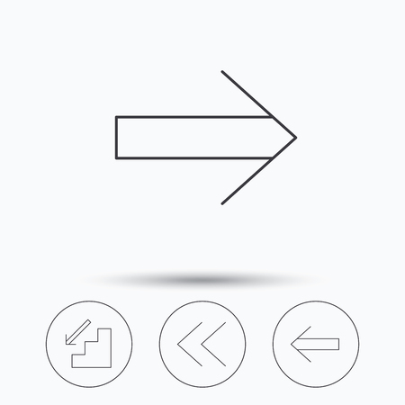 Arrows icons. Downstairs, next and back linear signs. Next, back arrows flat line icons. Linear icons in circle buttons. Flat web symbols. Vectorのイラスト素材