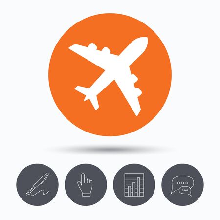 Plane icon. Flight transport symbol. Speech bubbles. Pen, hand click and chart. Orange circle button with icon. Vectorのイラスト素材