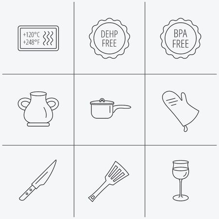 Saucepan, potholder and wineglass icons. Kitchen knife, utensils and vase linear signs. Heat-resistant, BPA, DEHP free icons. Linear icons on white background. Vectorのイラスト素材