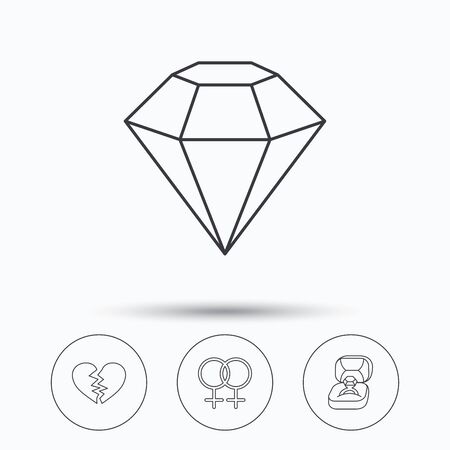 Broken heart, diamond and engagement ring icons. Lesbian love linear sign. Linear icons in circle buttons. Flat web symbols. Vectorのイラスト素材