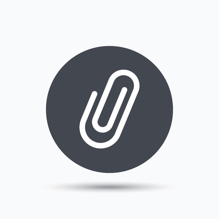 Attachment icon. Paper clip symbol. Flat web button with icon on white background. Gray round pressbutton with shadow. Vectorのイラスト素材