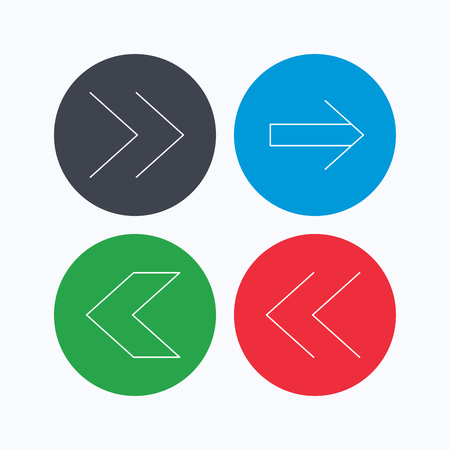 Arrows icons. Left, right direction linear signs. Next, back arrows flat line icons. Linear icons on colored buttons. Flat web symbols. Vectorのイラスト素材