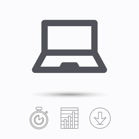 Computer icon. Notebook or laptop pc symbol. Stopwatch, chart graph and download arrow. Linear icons on white background. Vectorのイラスト素材