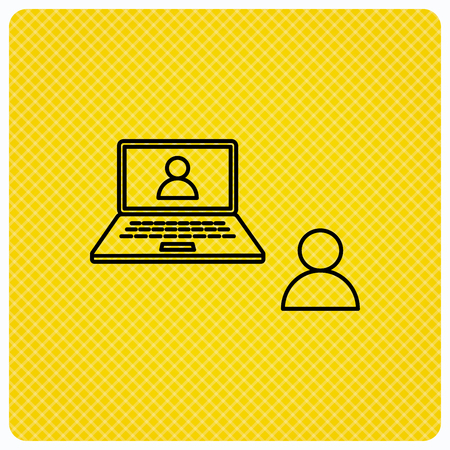 Video chat icon. Webcam chatting sign. Web conference symbol. Linear icon on orange background. Vectorのイラスト素材