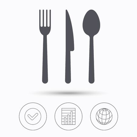 Fork, knife and spoon icons. Cutlery symbol. Check tick, graph chart and internet globe. Linear icons on white background. Vectorのイラスト素材