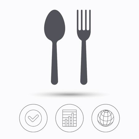 Food icons. Fork and spoon signs. Cutlery symbol. Check tick, graph chart and internet globe. Linear icons on white background. Vectorのイラスト素材