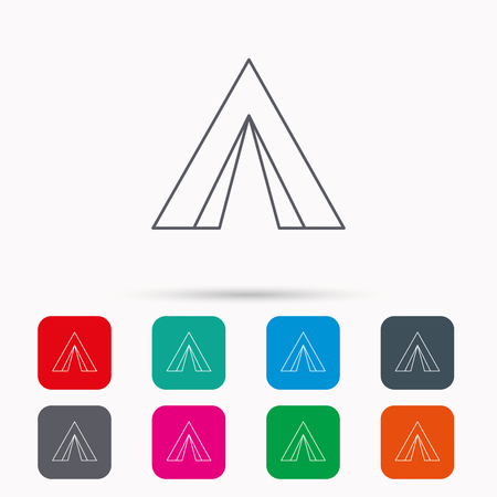 Tourist tent icon. Camping travel hike sign. Linear icons in squares on white background. Flat web symbols. Vectorのイラスト素材