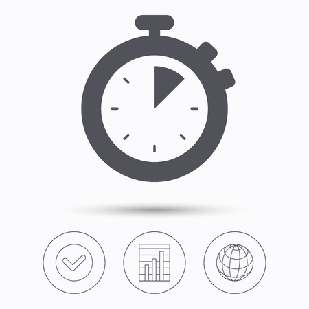 Stopwatch icon. Timer or clock device symbol. Check tick, graph chart and internet globe. Linear icons on white background. Vectorのイラスト素材