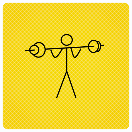 Weightlifting icon. Heavy fitness sign. Muscular workout symbol. Linear icon on orange background. Vectorのイラスト素材