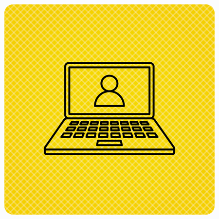 Webinar icon. Chat video sign. Online education symbol. Linear icon on orange background. Vectorのイラスト素材