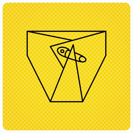 Diaper with pin icon. Child underwear sign. Newborn protection symbol. Linear icon on orange background. Vectorのイラスト素材