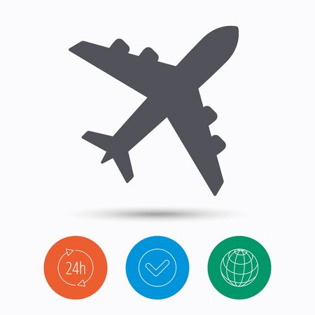 Plane icon. Flight transport symbol. Check tick, 24 hours service and internet globe. Linear icons on white background. Vectorのイラスト素材