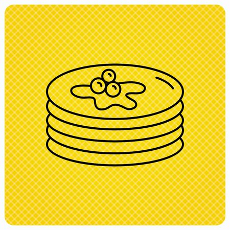 Pancakes icon. American breakfast sign. Food with maple syrup symbol. Linear icon on orange background. Vectorのイラスト素材