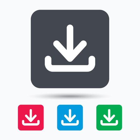 Download icon. Load internet data symbol. Colored square buttons with flat web icon. Vectorのイラスト素材