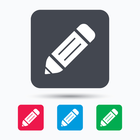 Edit icon. Pencil for drawing symbol. Colored square buttons with flat web icon. Vectorのイラスト素材
