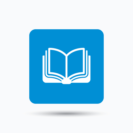 Book icon. Study literature sign. Education textbook symbol. Blue square button with flat web icon. Vectorのイラスト素材