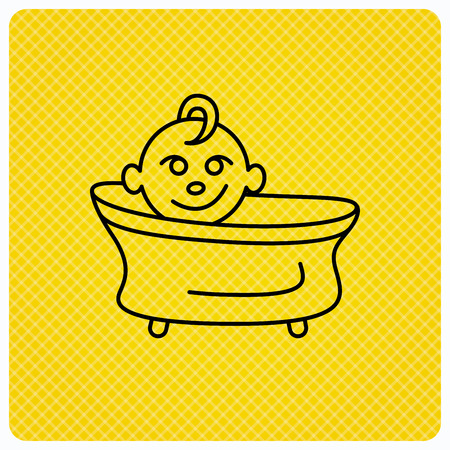 Baby in bath icon. Toddler bathing sign. Newborn washing symbol. Linear icon on orange background. Vectorのイラスト素材