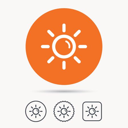Sun icon. Sunny weather symbol. Orange circle button with web icon. Star and square design. Vectorのイラスト素材