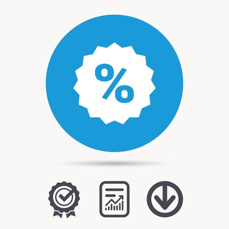 Discount icon. Sale offer star symbol. Achievement check, download and report file signs. Circle button with web icon. Vectorのイラスト素材